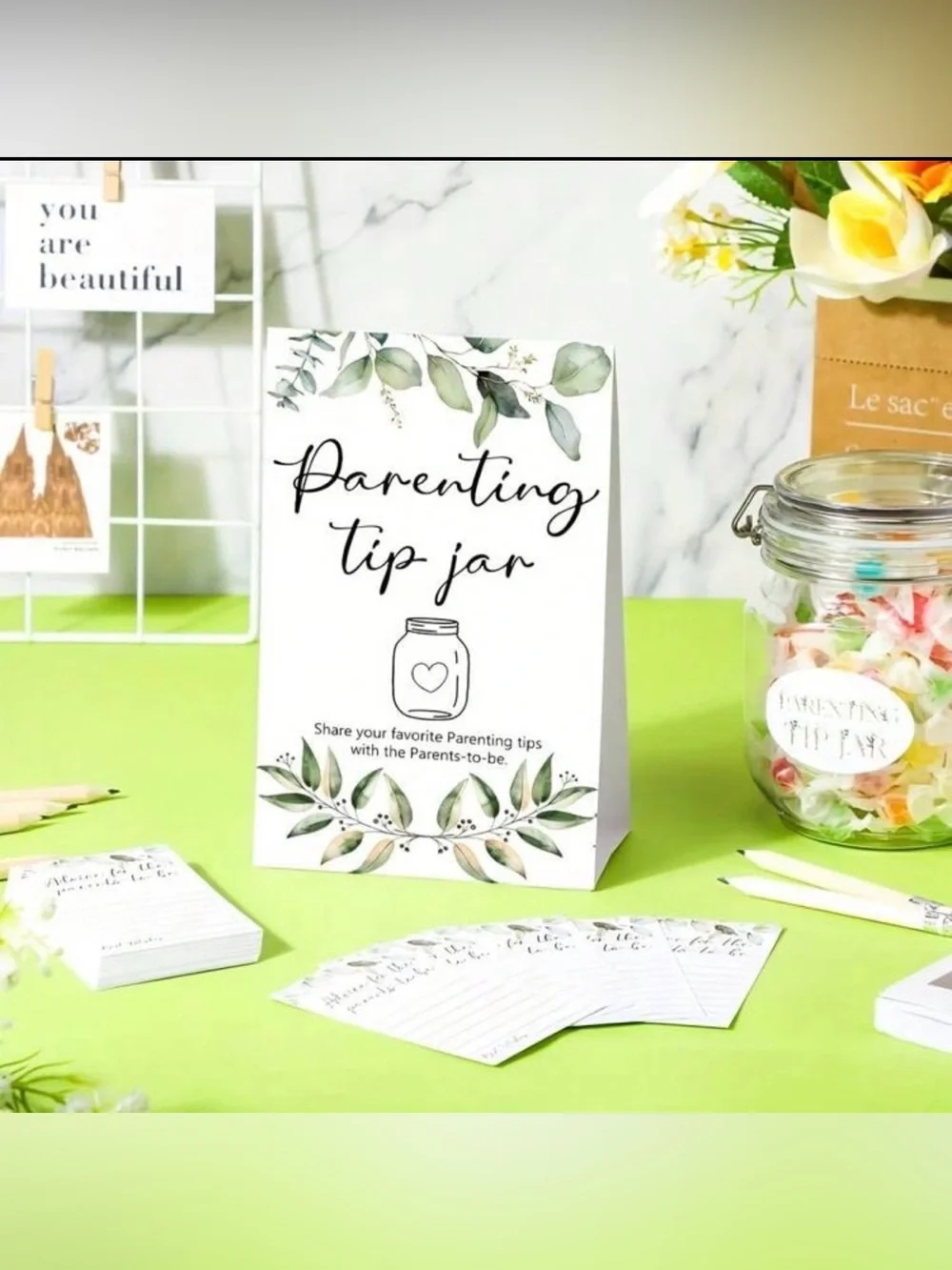 Baby Shower - Parenting Tip Jar Cards and Display -White with Green Accents, NWT